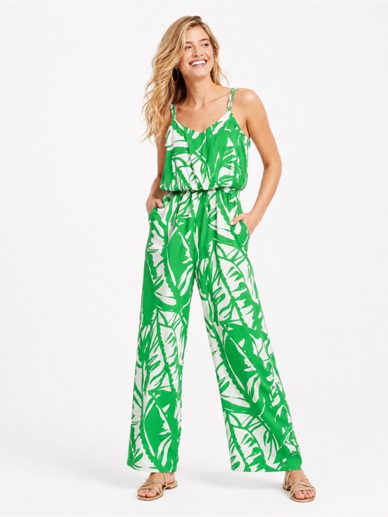 Lilly Pulitzer Pants - Lilly Pulitzer Green and White Tropical-Print Wide-Leg Jumpsuit Size S